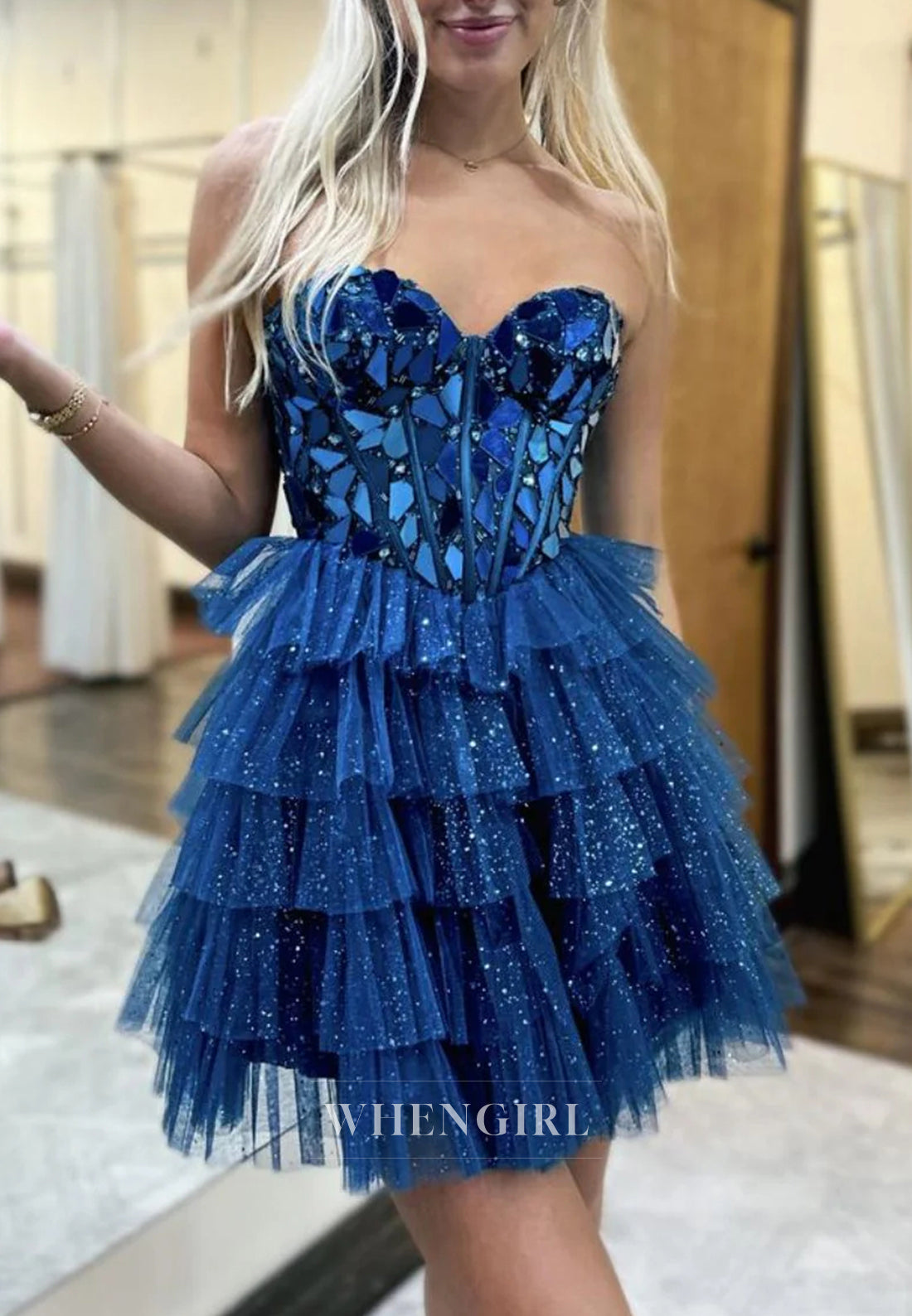 Sweetheart Sleeveless Multi Tiered Back Zipper Cut Glass Mirro Short A-Line Homecoming Dress