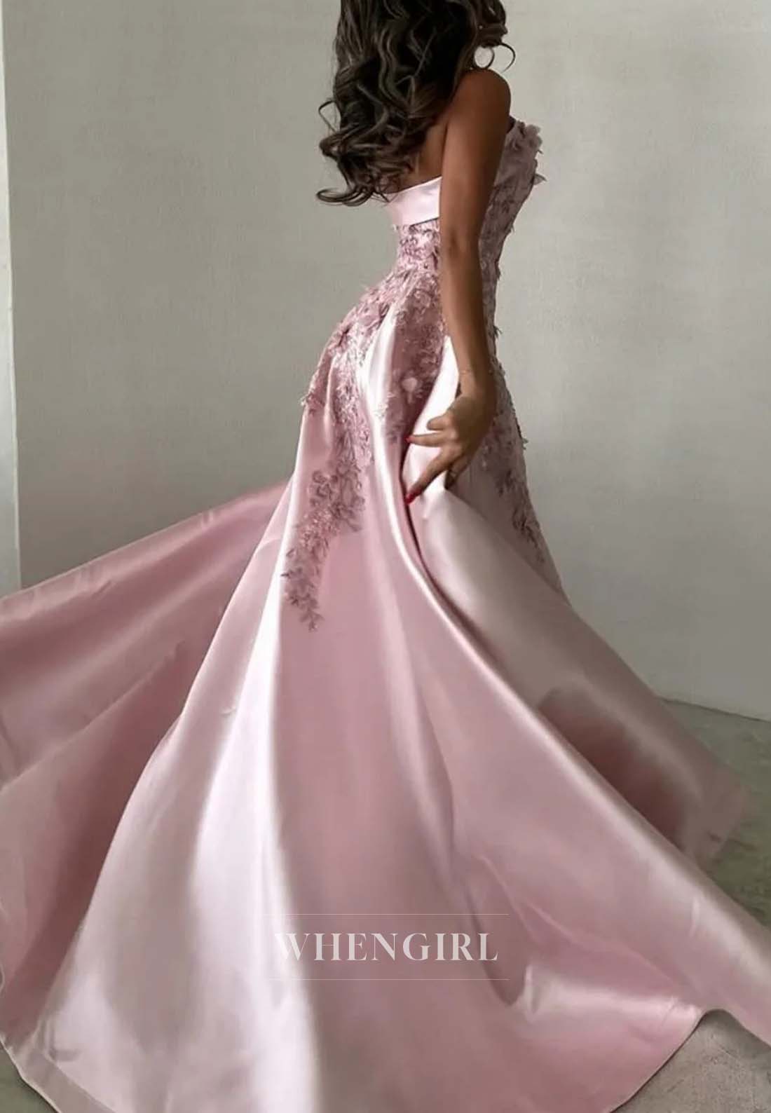 Pale Blush Sleeveless Appliqued Tube Top Formal Dress Floral Sheath Satin Evening Dress with Train