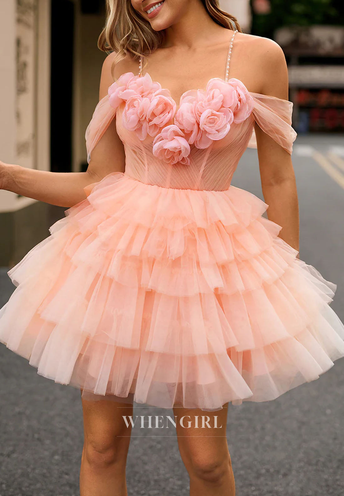 Pearl Pink Sweetheart 3D Flowers Back Zipper Multi Tiered Tulle A-Line Short Homecoming Dress