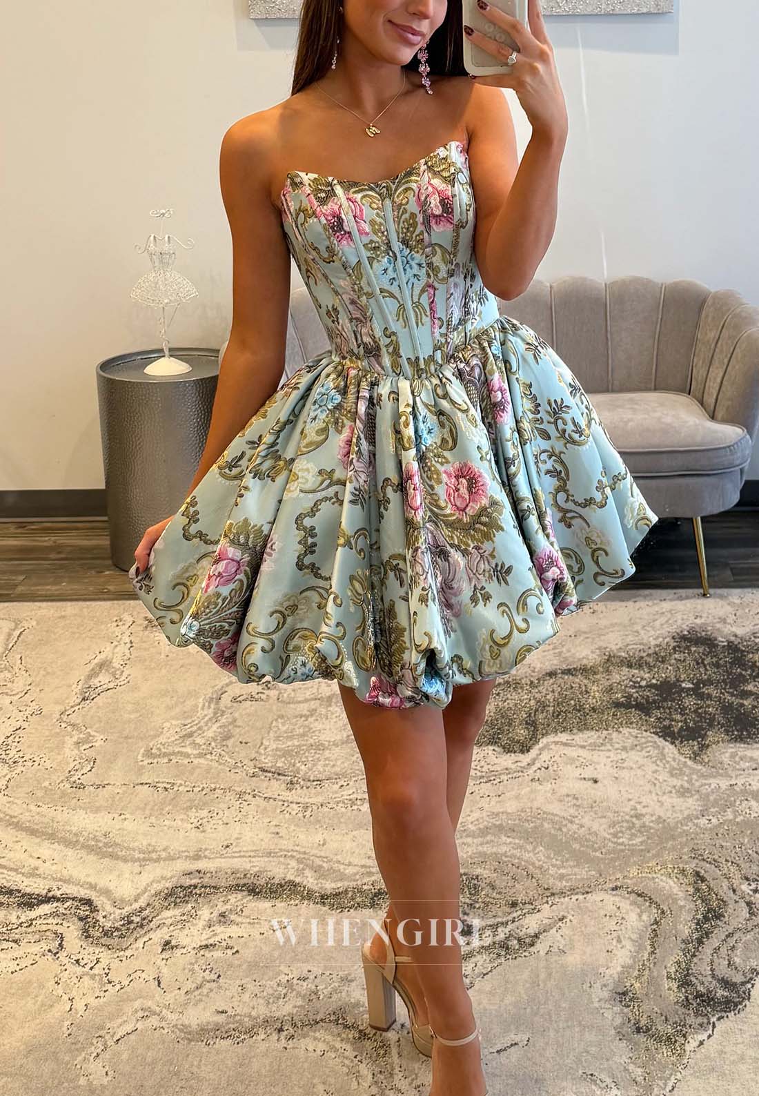 Sleeveless Floral A-Line Back Zipper Strapless Short Homecoming Dress