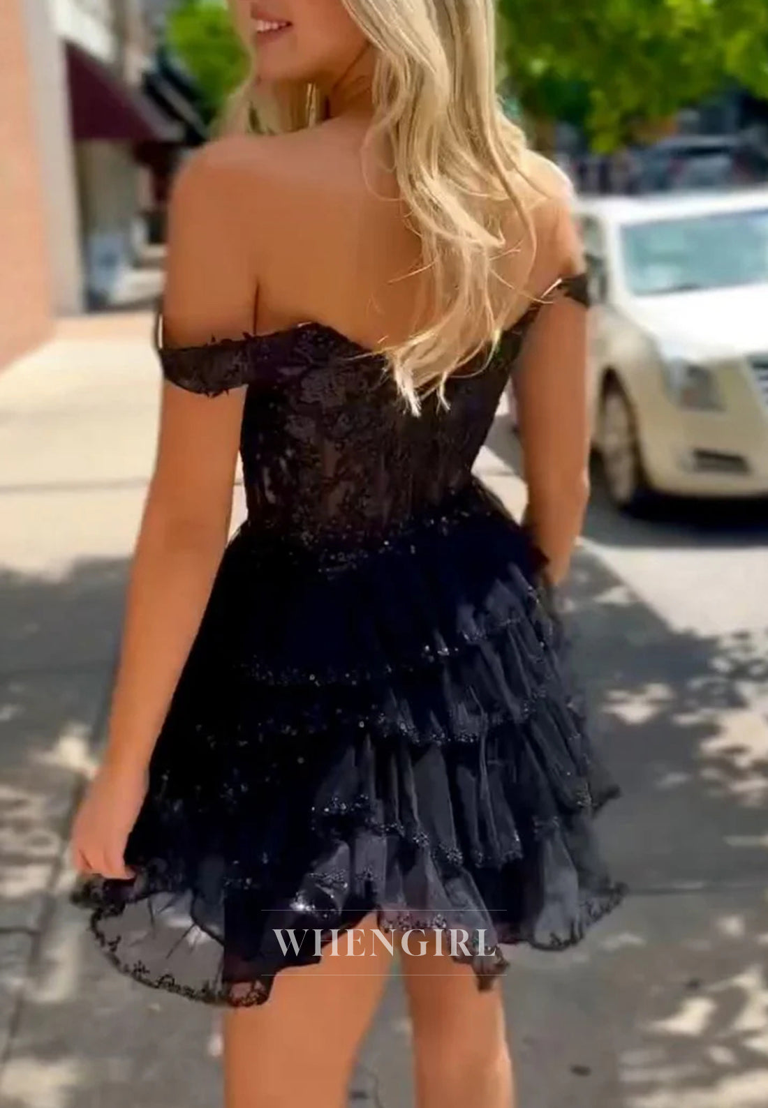 Sweetheart Off Shoulder Multi Tiered Sleeveless Appliqued Asymmetrical Hem A-Line Short Homecoming Dress