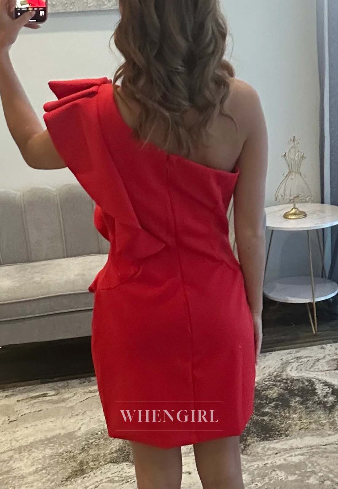 Red One Shoulder Side Slit Sheath Short Sleeveless Homecoming Dress