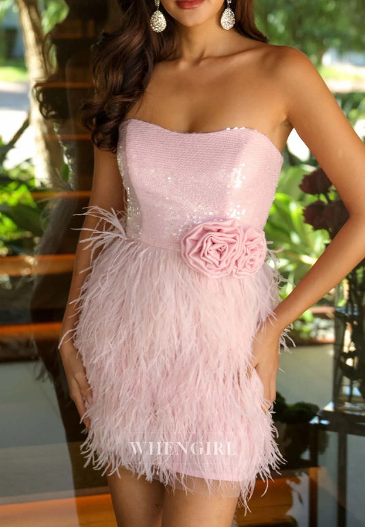 Blush Strapless Tube Top Feather 3D Flowers Sheath Short Homecoming Dress