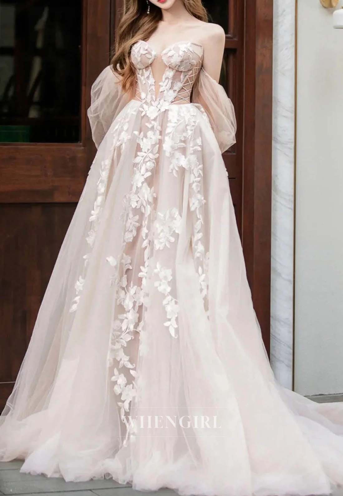 Sweetheart Off Shoulder Appliqued Lace Long Sleeves Tulle A-Line Wedding Dress with Weep Train