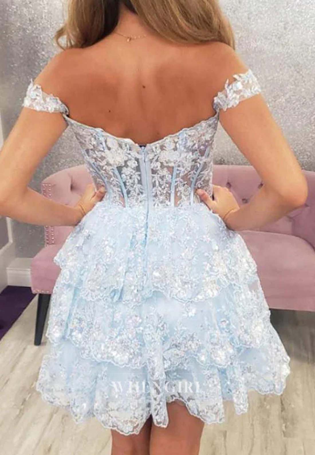A-Line Off Shoulder Multi Tiered Back Zipper Sweetheart Homecoming Dress