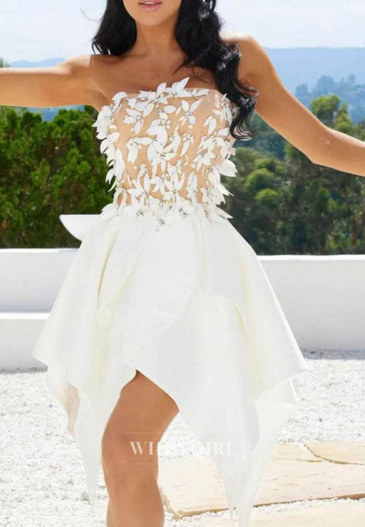 A-Line Tube Top Sleeveless Beaded Floral Asymmetrical Hem Back Zipper Short Homecoming Dress