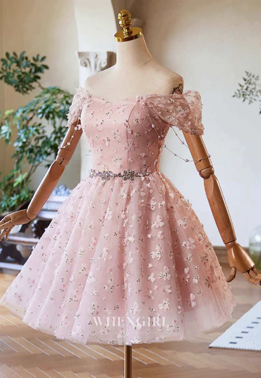 Blush Off Shoulder Sleeveless Rhinestons Beading Floral Pears A-Line Short Homecoming Dress
