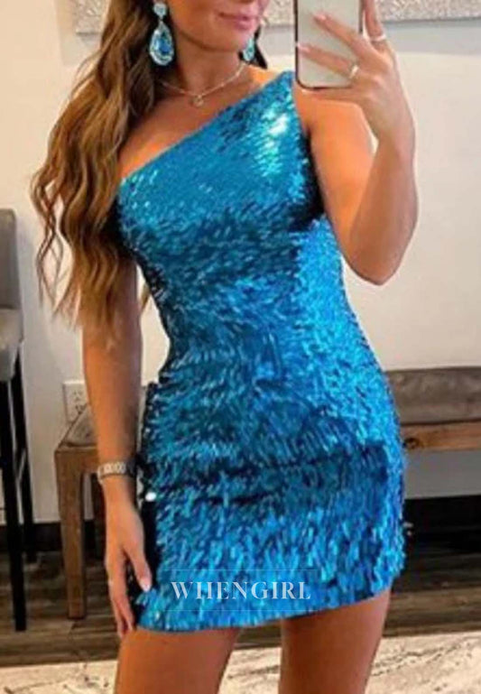 Ocean Blue One Shoulder Back Zipper Short Sheath Sleeveless Homecoming Dress