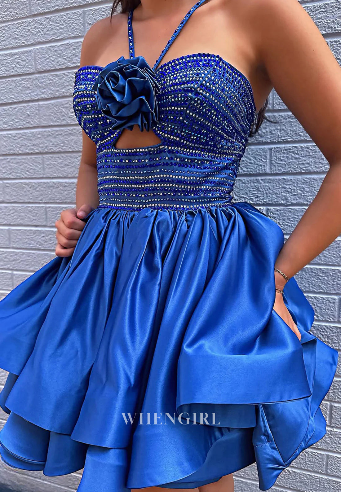 Royal Blue Sweetheart A-Line Ruffles Cut Out Beaded Sleeveless Satin Short Homecoming Dress