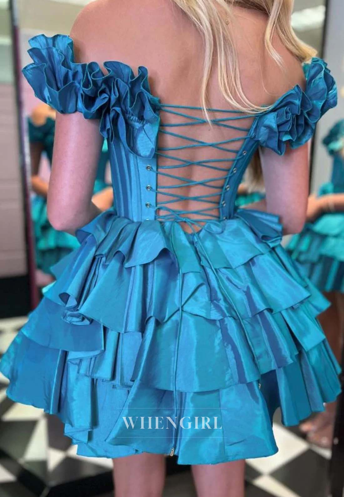Sweetheart Off Shoulder Tiered Lace Up A-Line Homecoming Dress