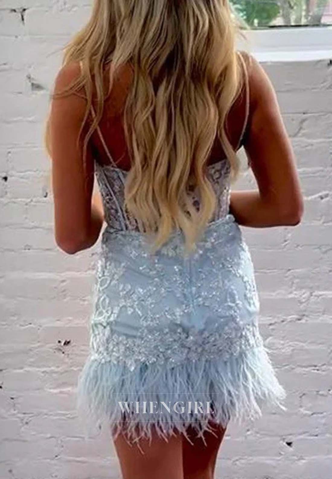 Sky Blue Sleeveless Spaghetti Straps Appliqued Lace Feather Short Homecoming Dress