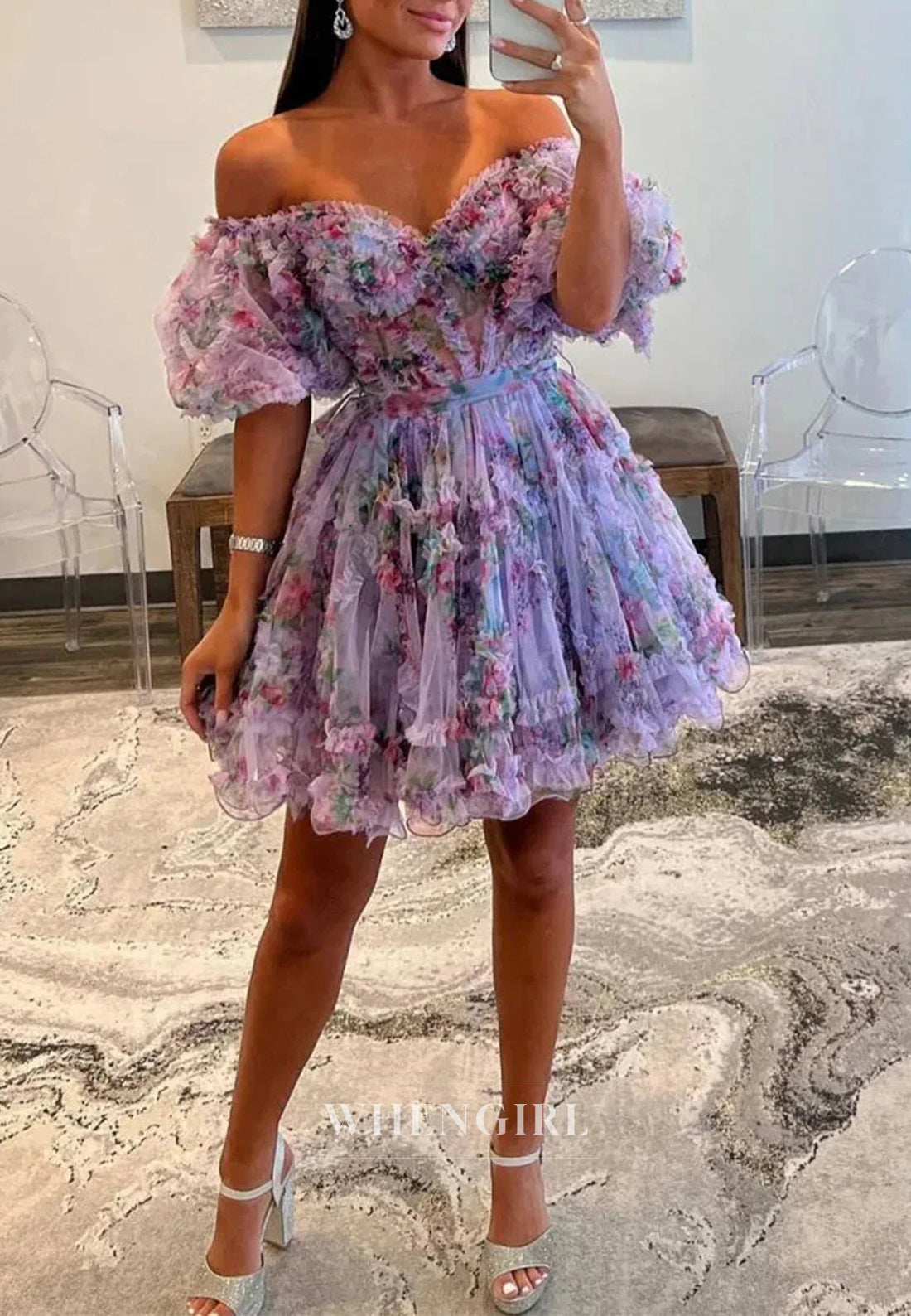 A-Line Floral Short Puff Sleeves Sweetheart Back Zipper Bowknot Short Homecoming Dress