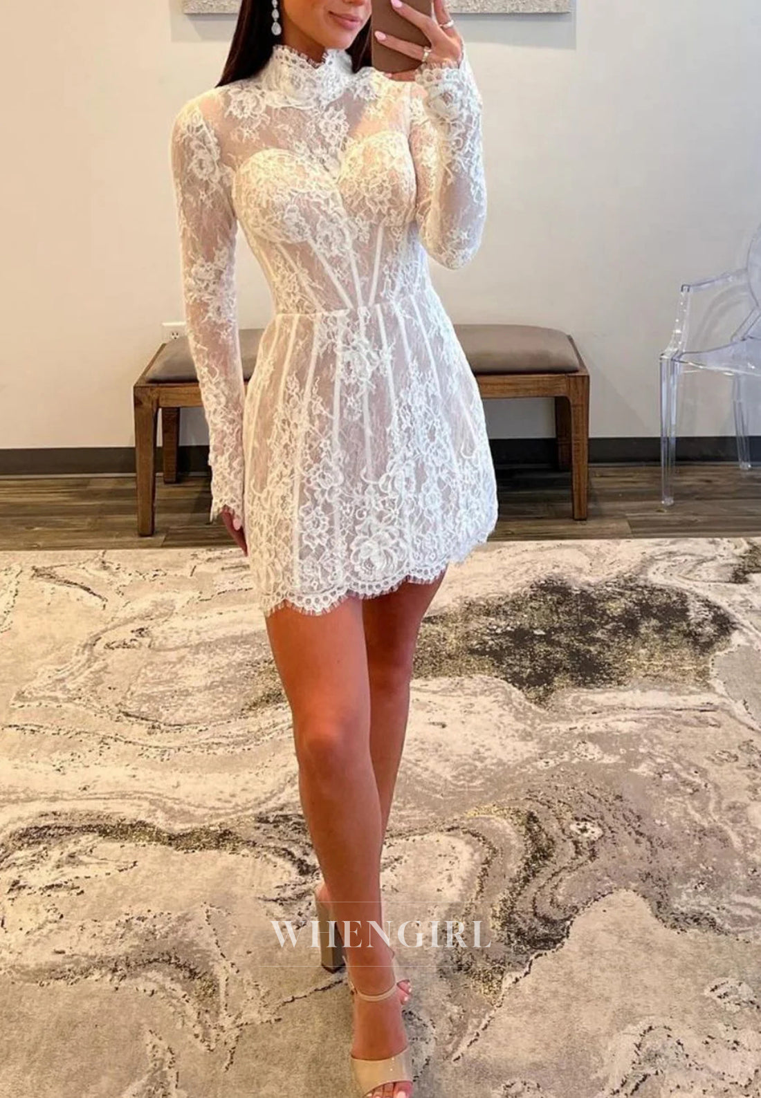 Ivory High Neck Long Sleeves Appliqued Lace Sheath Back Zipper Short Homecoming Dress