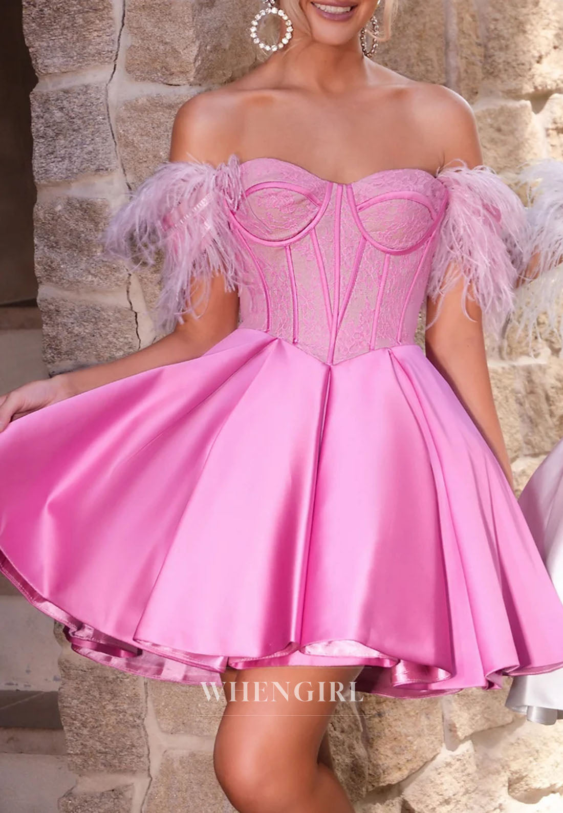 A-Line Off Shoulder Feather Sleeveless Lace Up Short Homecoming Dress