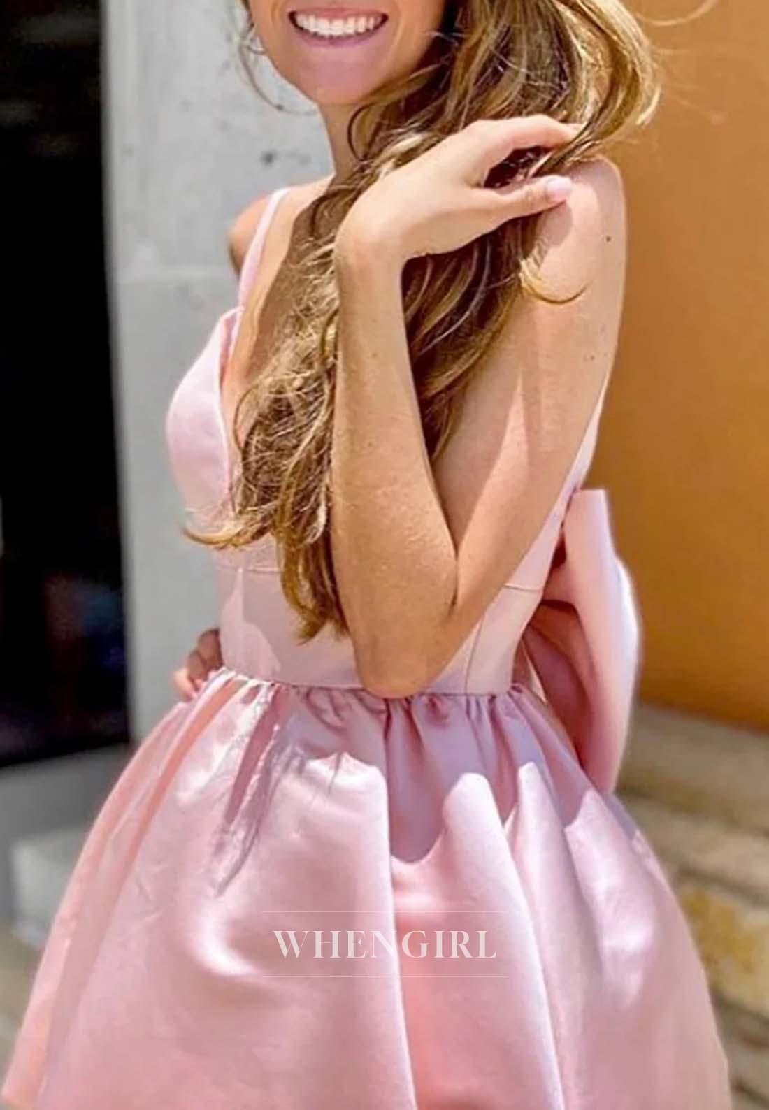 Light Pink V Neck Aleeveless Ball Gown Short Satin Homecoming Dress with Bowknot