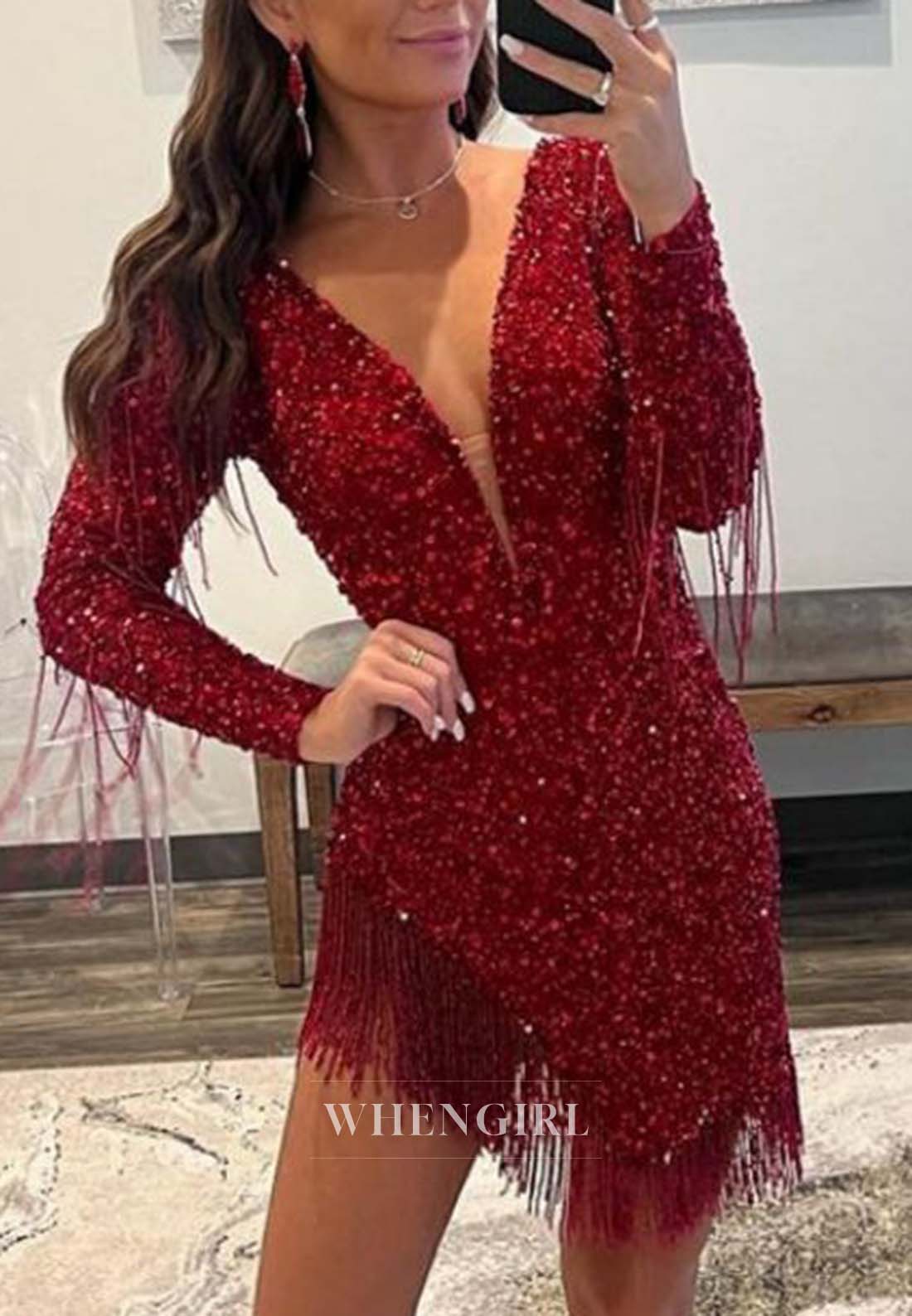 Burgundy V Neck Beads Long Sleeves Tassel Asymmtrical Hem Short Homecoming Dress