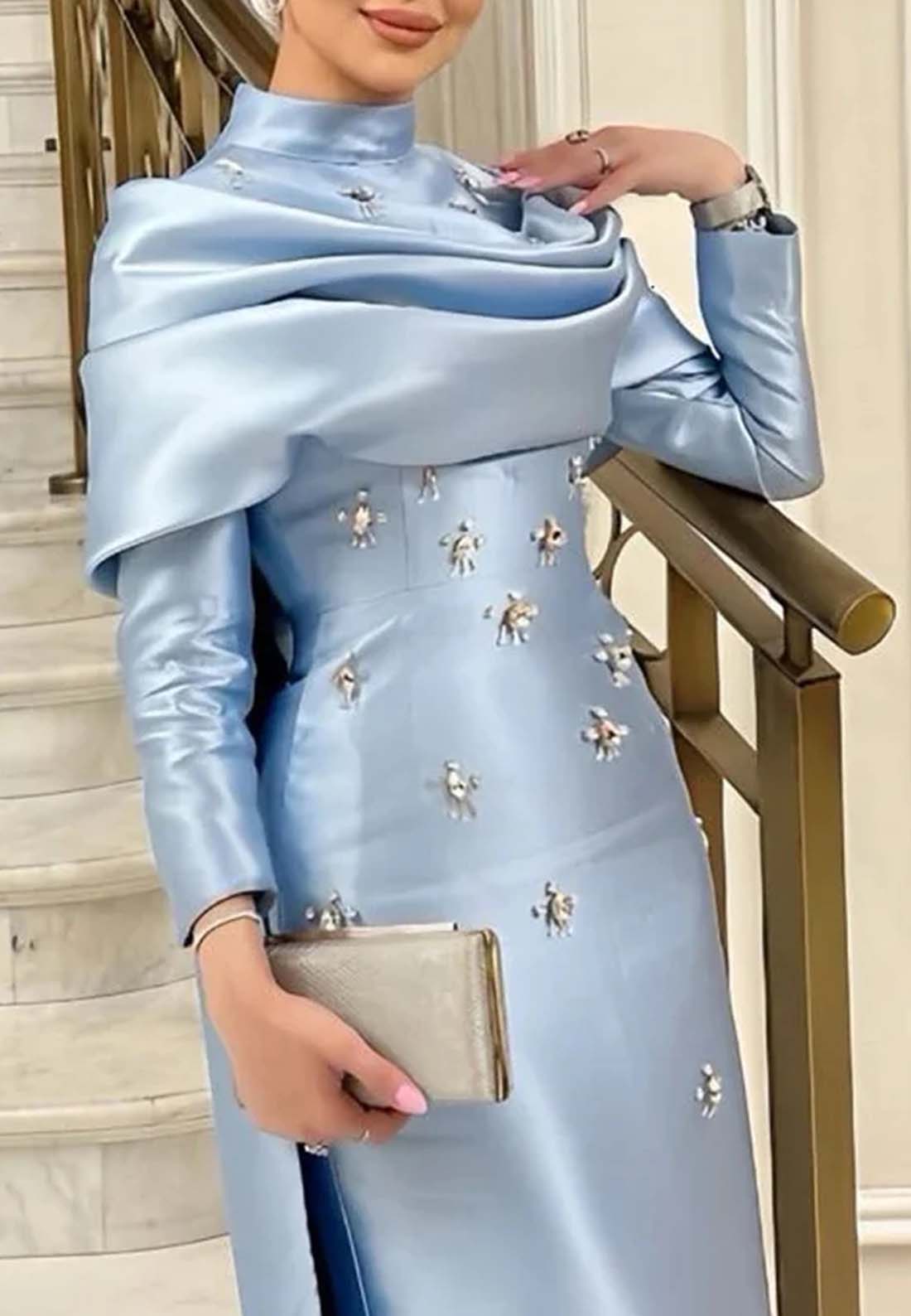 High Neck Long Sleeves Side Train Crystal Beaded Column Long Formal Dress Evening Gown