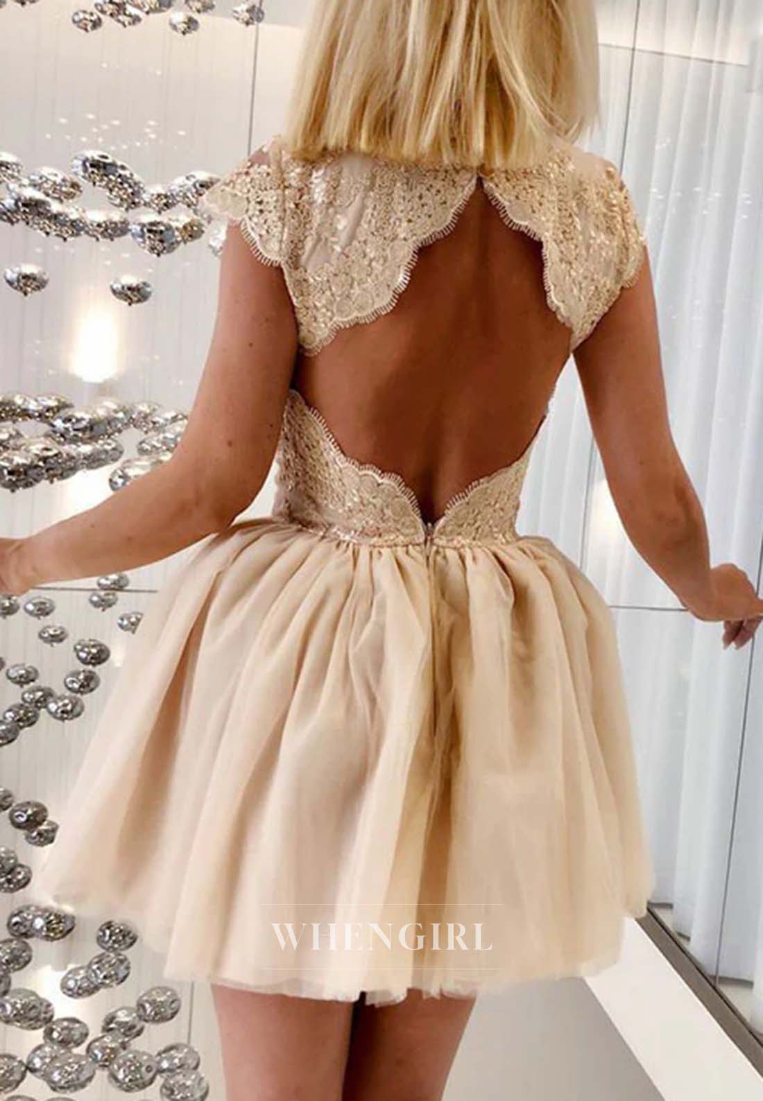 Light Champagne Illusion Neck Cap Sleeves Appliqued Lace Ball Gown Short Homecoming Dress