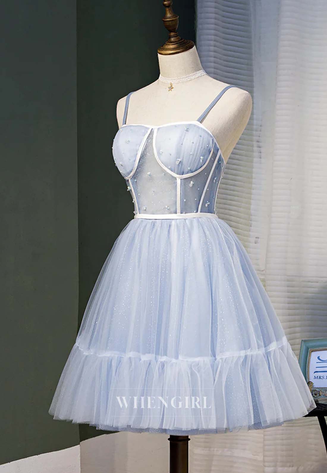 Light Blue Off Shoulder Sleeveless A-Line Tulle Lace Up Short Homecoming Dress