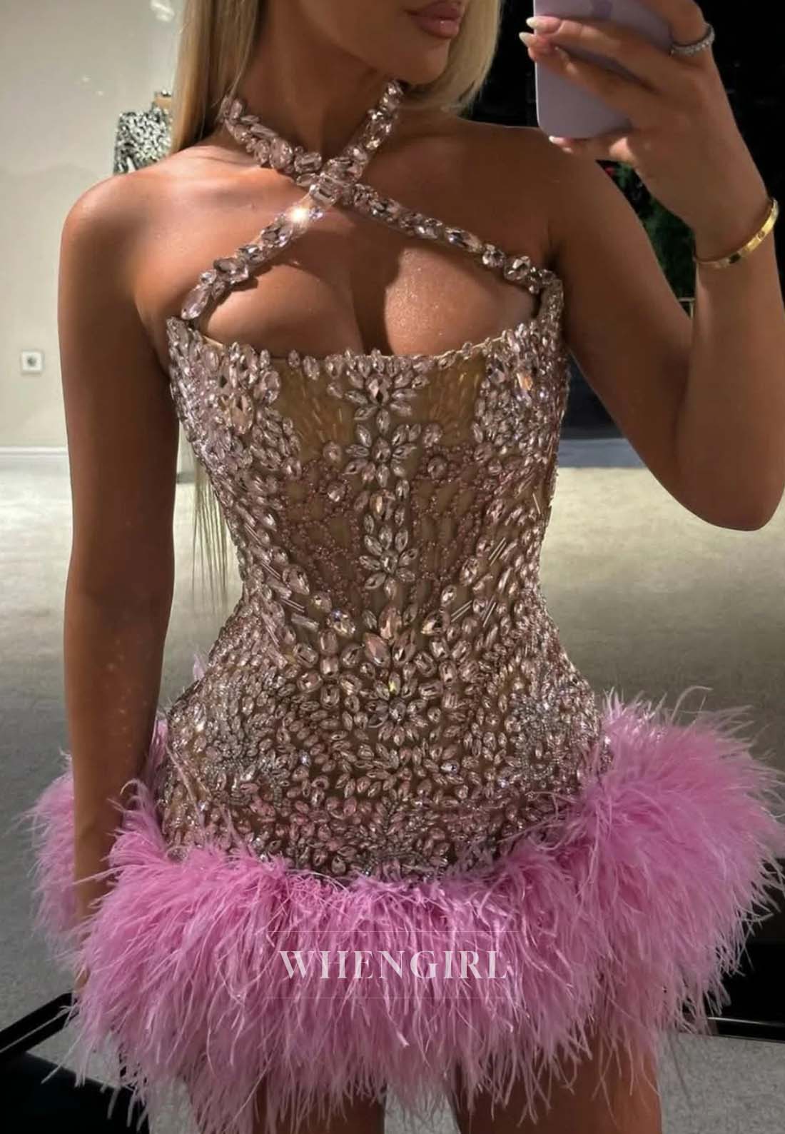 Gorgeous Cross Neck Rhinestone Beading Sleeveless Feather Sheath Short Homecoming Dress