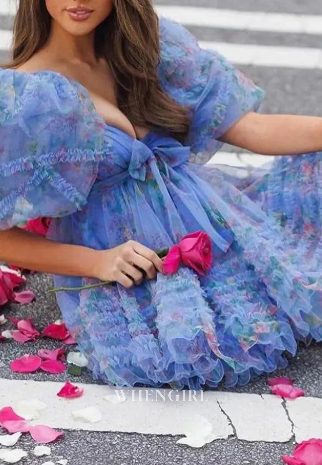 A-Line Tulle Short Puff Sleeves Multi Tiered Bowknot Floral Short Homecoming Dress