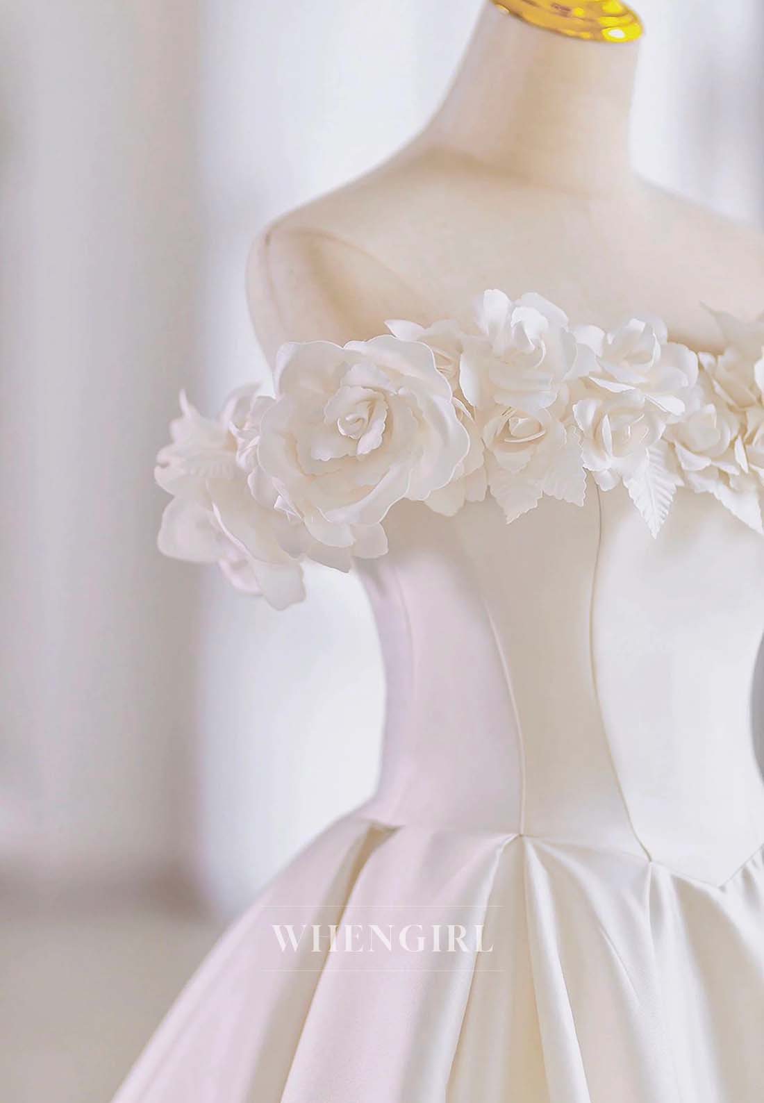 3D Flowers Off Shoulder Sleeveless Lace Up Bowknot A-Line Satin Court Train Wedding Dress