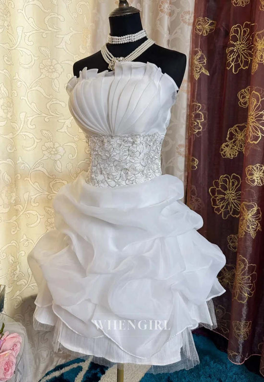 Beige Tube Top Sleeveless Embroidery Sheath Pleated Short Homecoming Dress