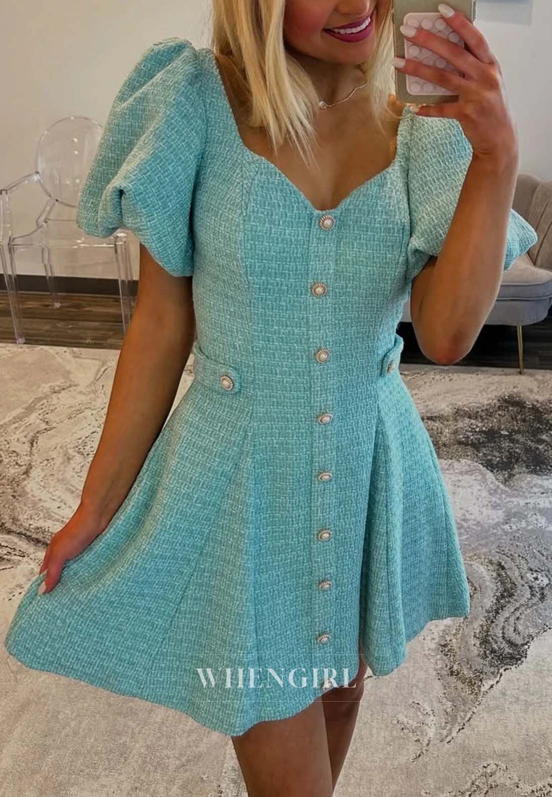 A-Line V Neck Short Puff Sleeves Buttons Short Homecoming Dress
