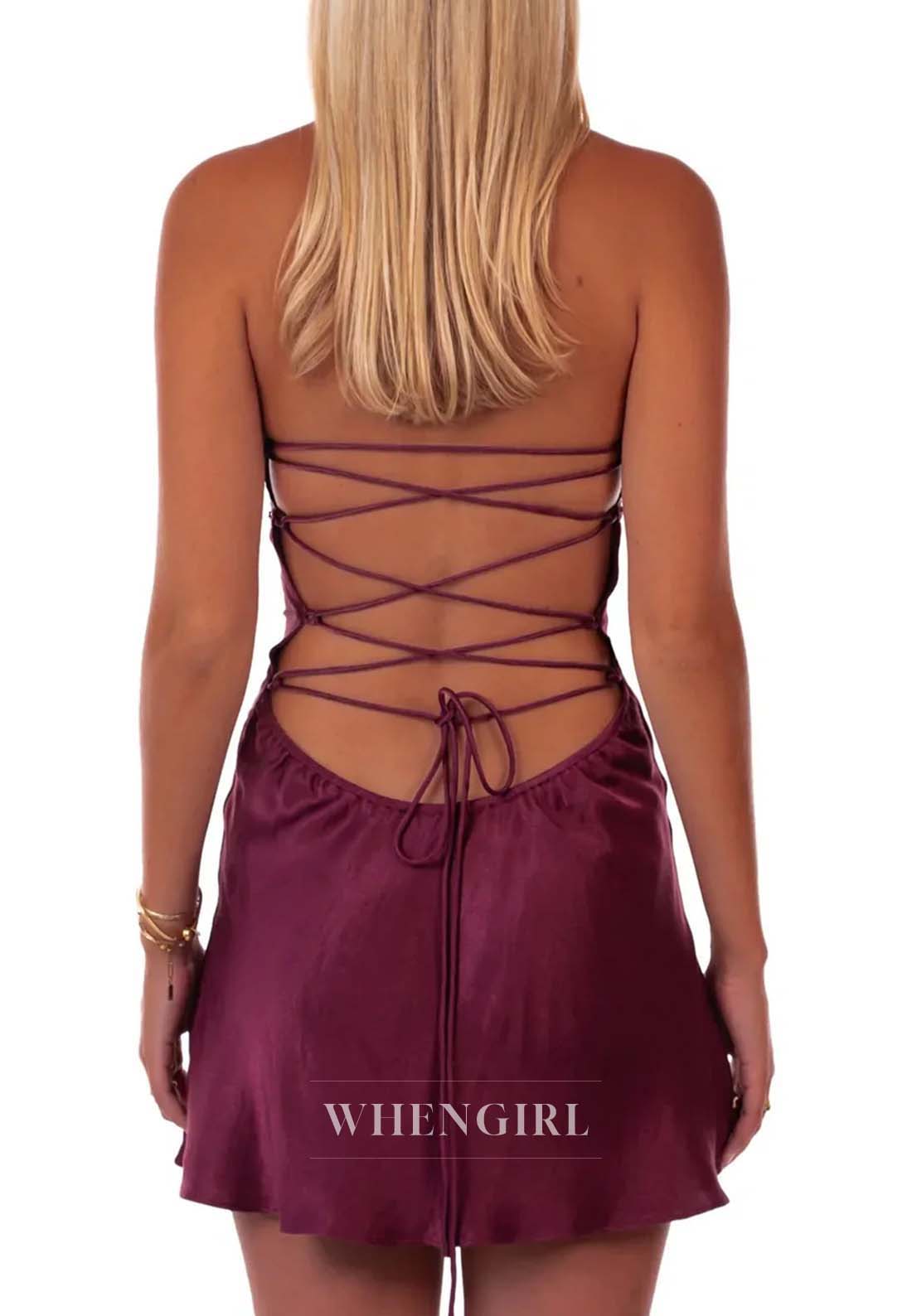 Halter Beaded Sleeveless Lace Up Sheath Short Homecoming Dress