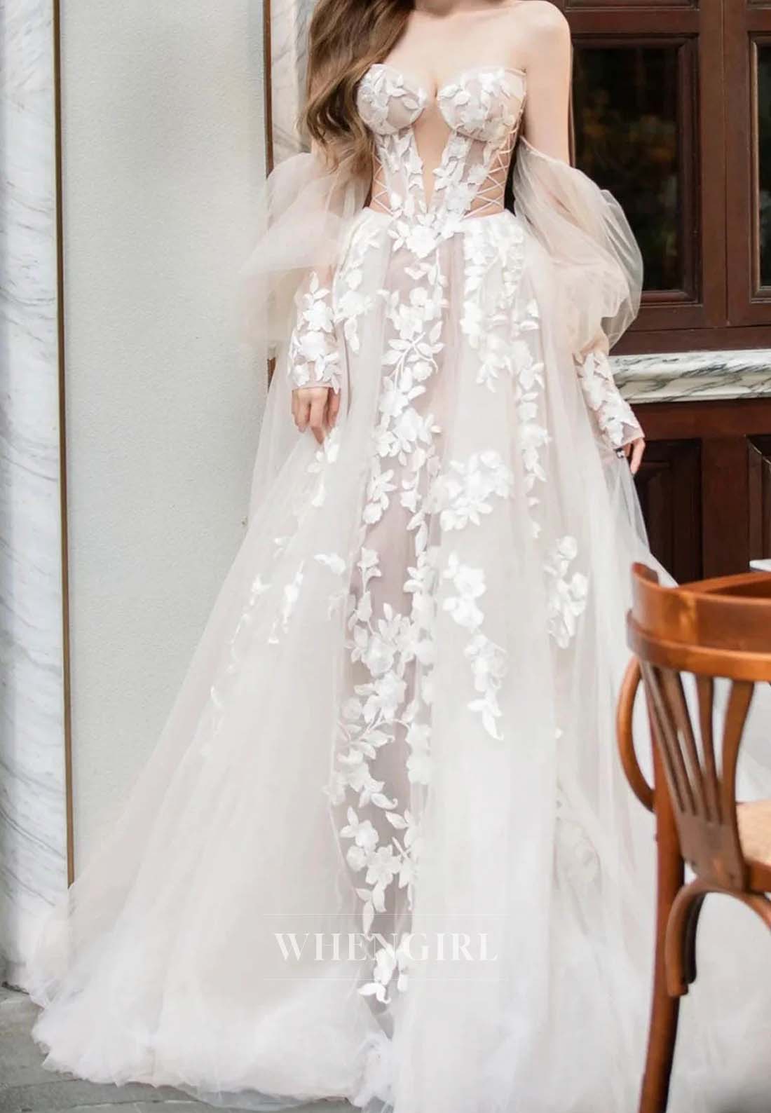 Sweetheart Off Shoulder Appliqued Lace Long Sleeves Tulle A-Line Wedding Dress with Weep Train