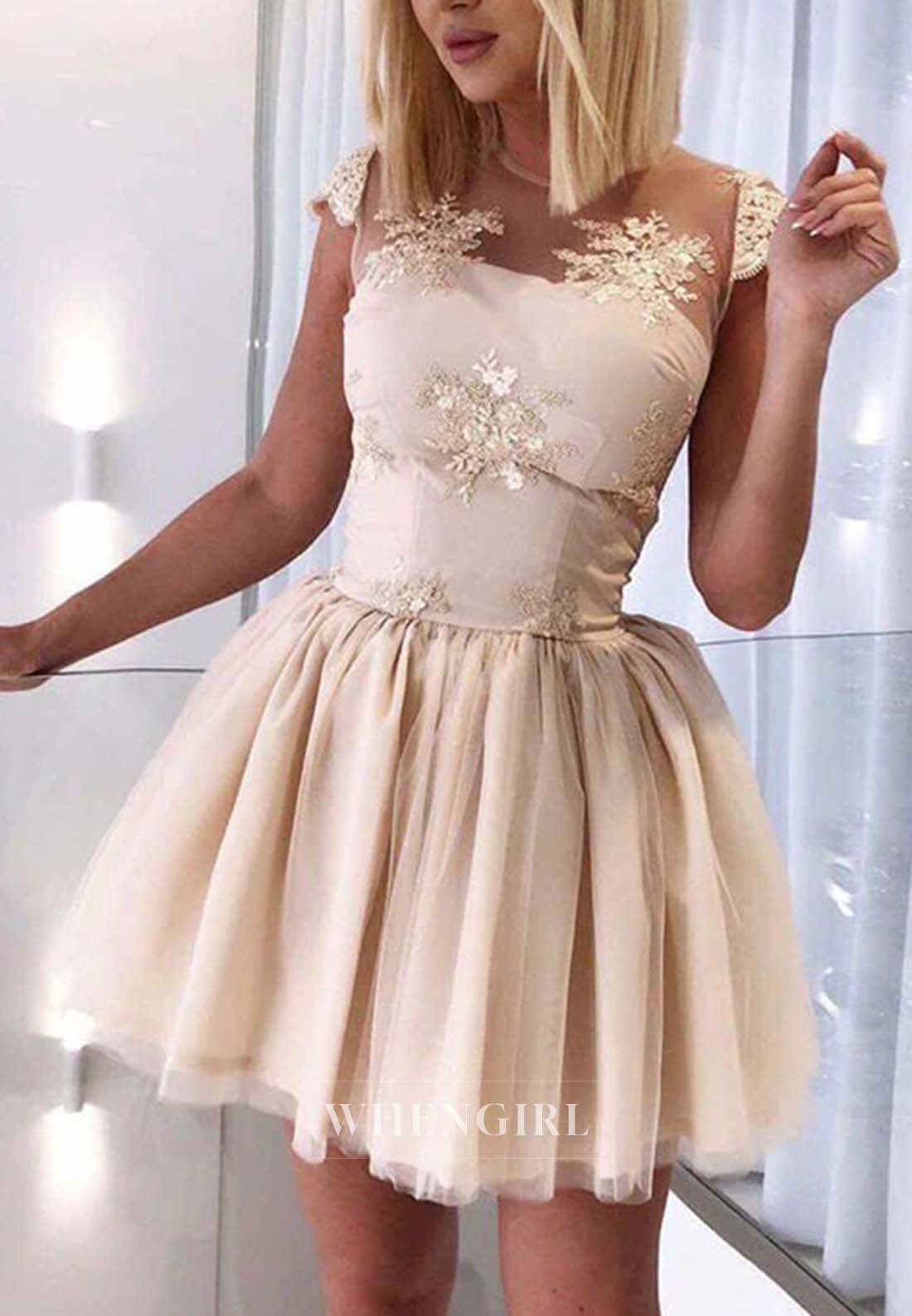 Light Champagne Illusion Neck Cap Sleeves Appliqued Lace Ball Gown Short Homecoming Dress