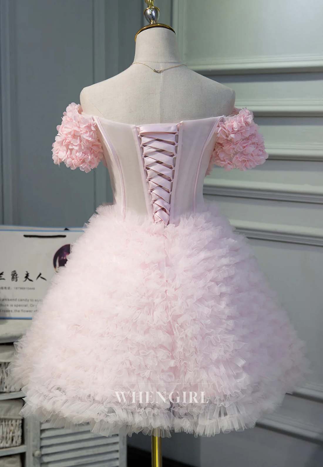 Light Pink Off Shoulder Floral A-Line Short Sleeves Lace Up Short Homecoming Dress