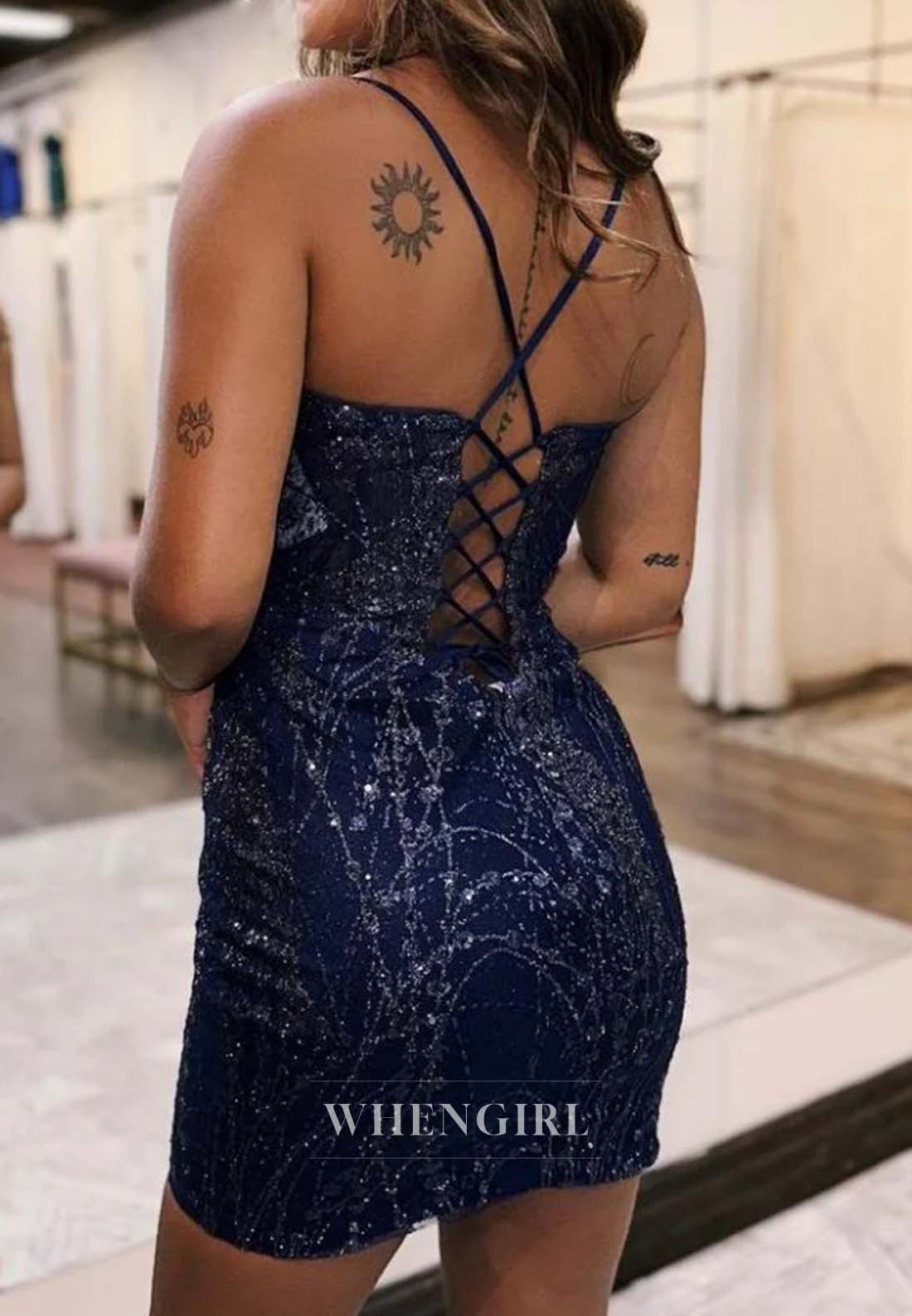 V Neck Sleeveless Spaghetti Straps Sheath Lace Up Sheath Short Homecoming Dress