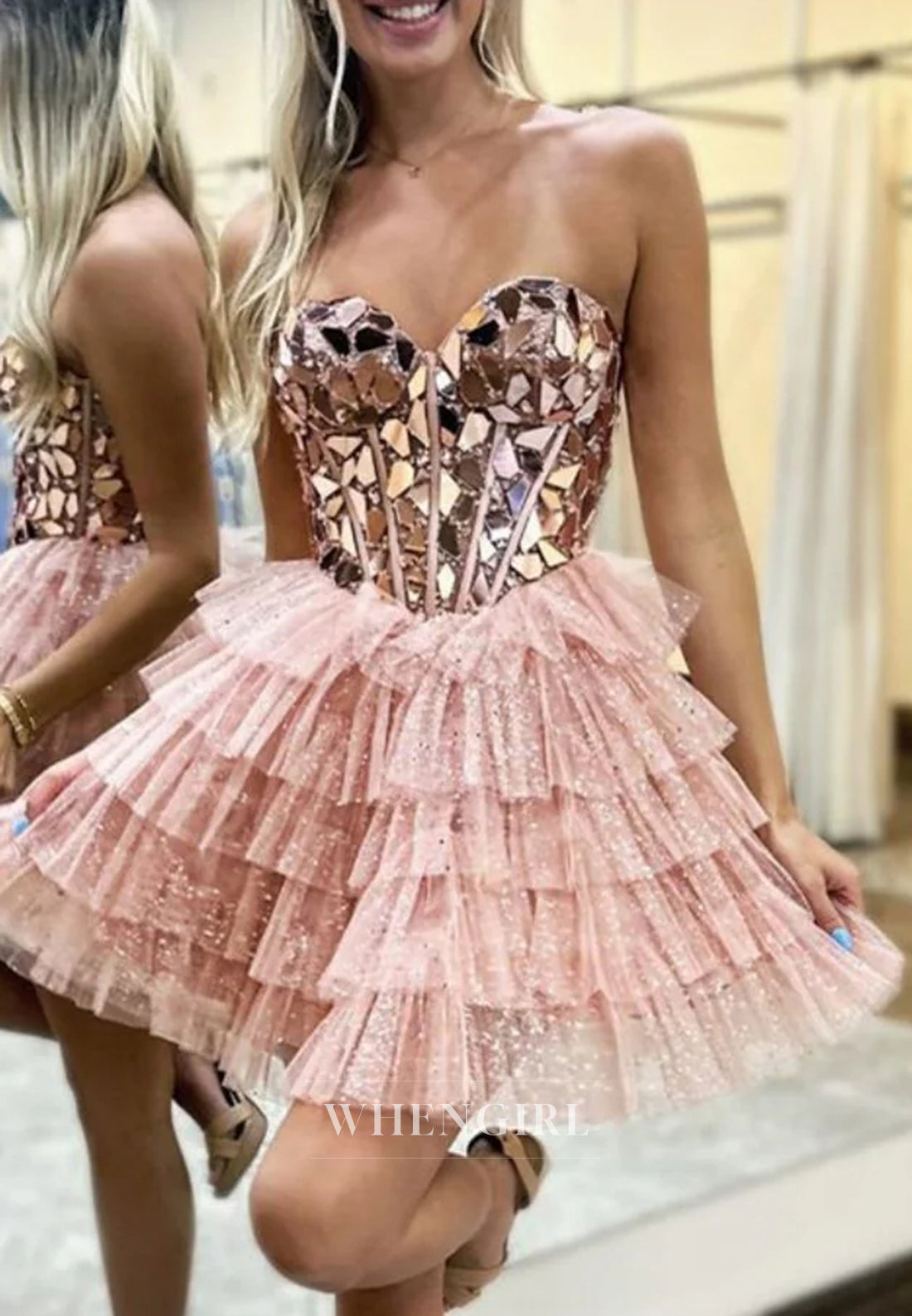 Sweetheart Sleeveless Multi Tiered Back Zipper Cut Glass Mirro Short A-Line Homecoming Dress