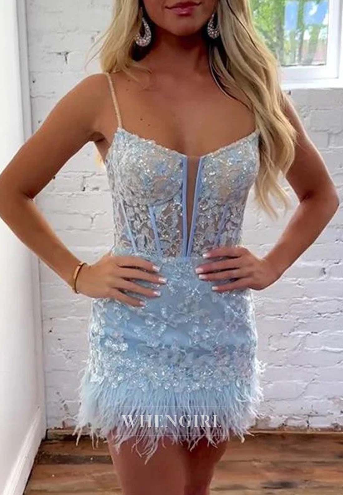 Sky Blue Sleeveless Spaghetti Straps Appliqued Lace Feather Short Homecoming Dress