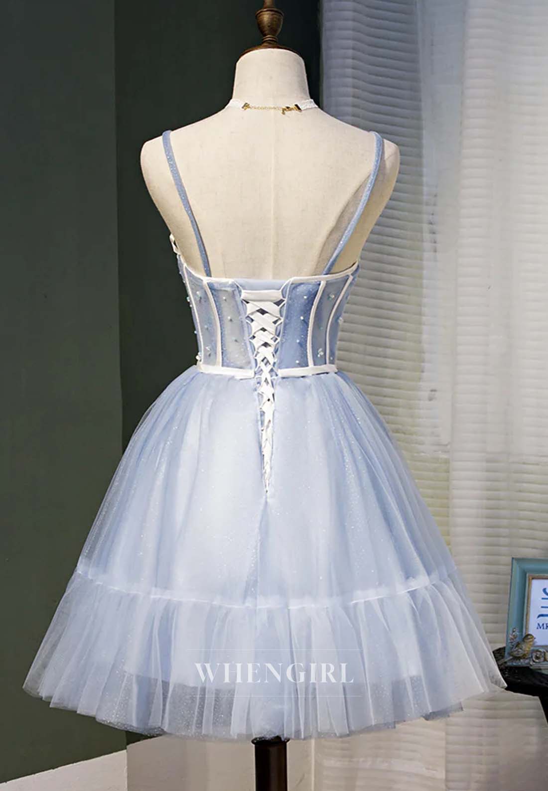 Light Blue Off Shoulder Sleeveless A-Line Tulle Lace Up Short Homecoming Dress