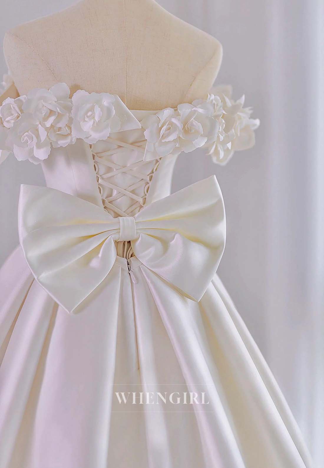 3D Flowers Off Shoulder Sleeveless Lace Up Bowknot A-Line Satin Court Train Wedding Dress