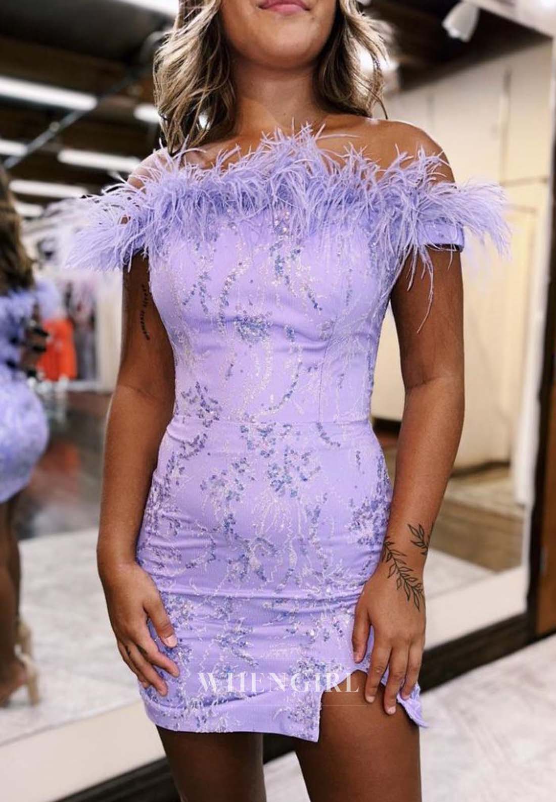 Lilac Sheath Sleeveless Off Shoulder Short Beaded Homecoming Dress