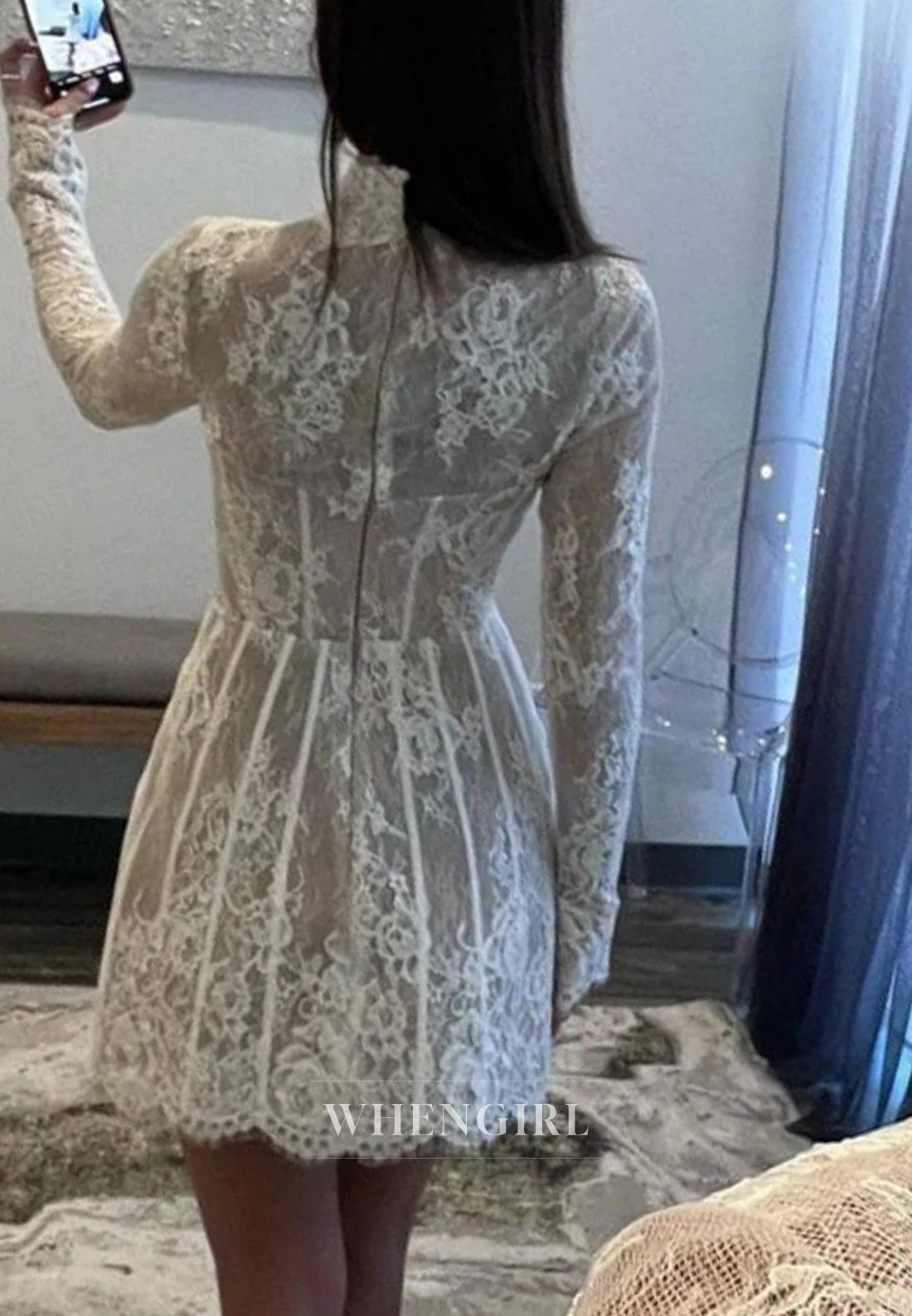 Ivory High Neck Long Sleeves Appliqued Lace Sheath Back Zipper Short Homecoming Dress