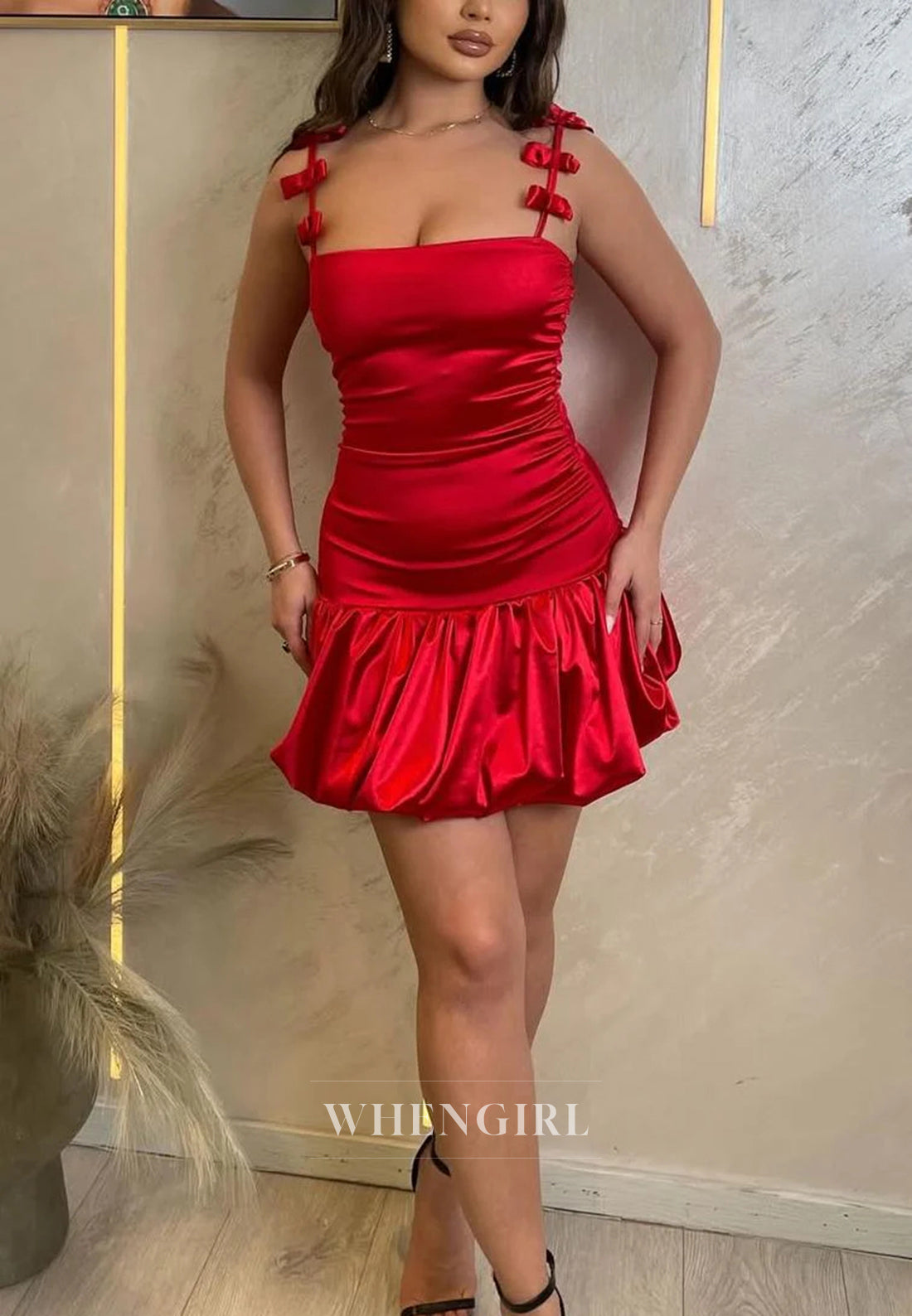 Red Square Neck Sleeveless Bowknot Straps Sheath Satin Short Homecoming Dress