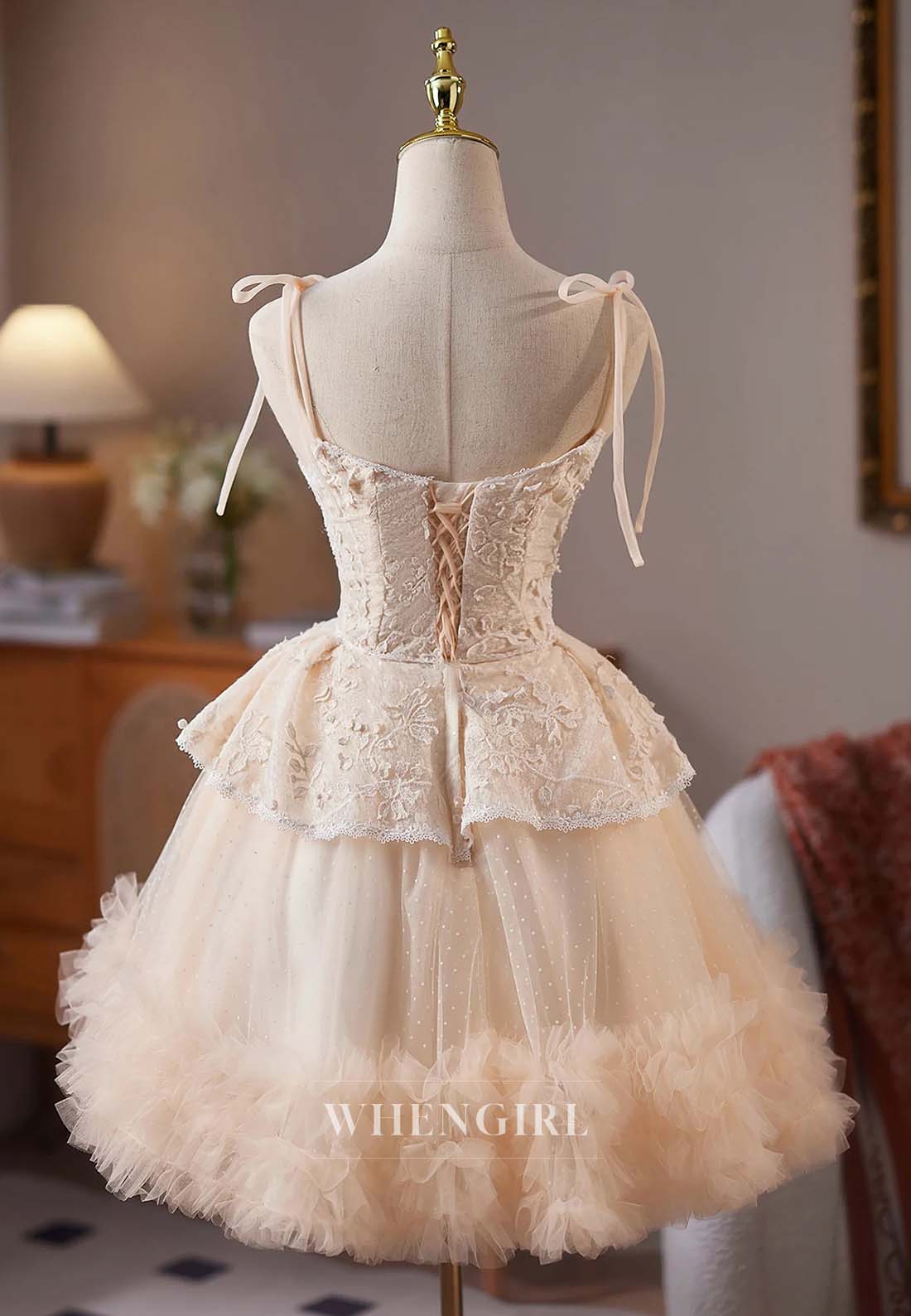 Light Champagne V Neck Sleeveless A-Line Lace Up Appliqued Lace Short Homecoming Dress