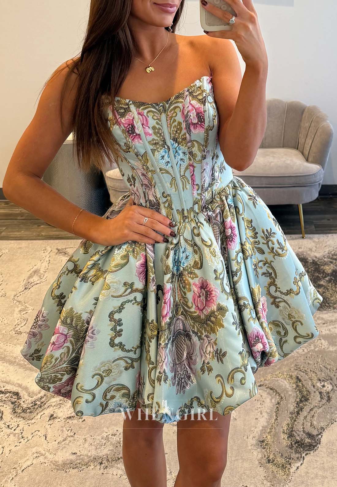 Sleeveless Floral A-Line Back Zipper Strapless Short Homecoming Dress