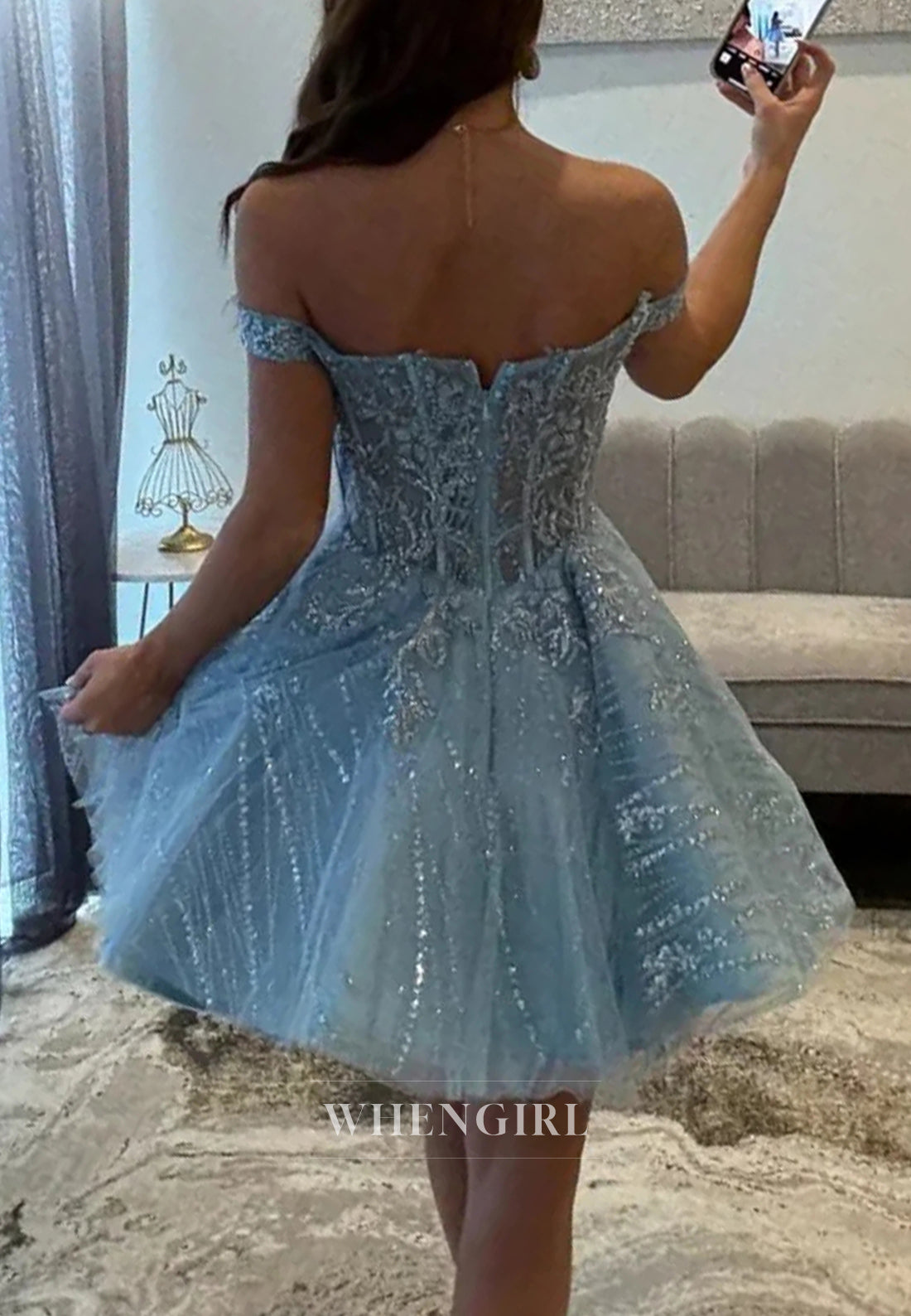 Sky Blue V Neck Off Shoulder Sleeveless Beaded Back Zipper A-Line Short Homecoming Dress