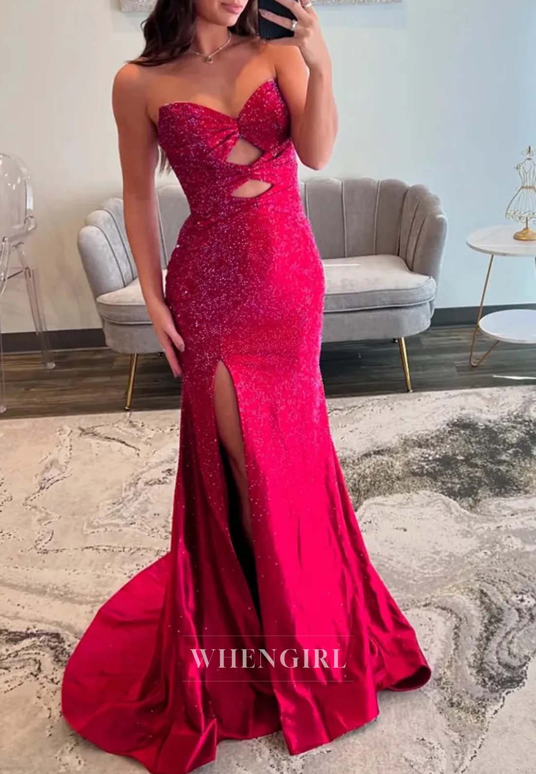 Sweetheart Sleeveless Cut Out Formal Dress Side Slit Beaded Sweep Train Sheath Evening Dress