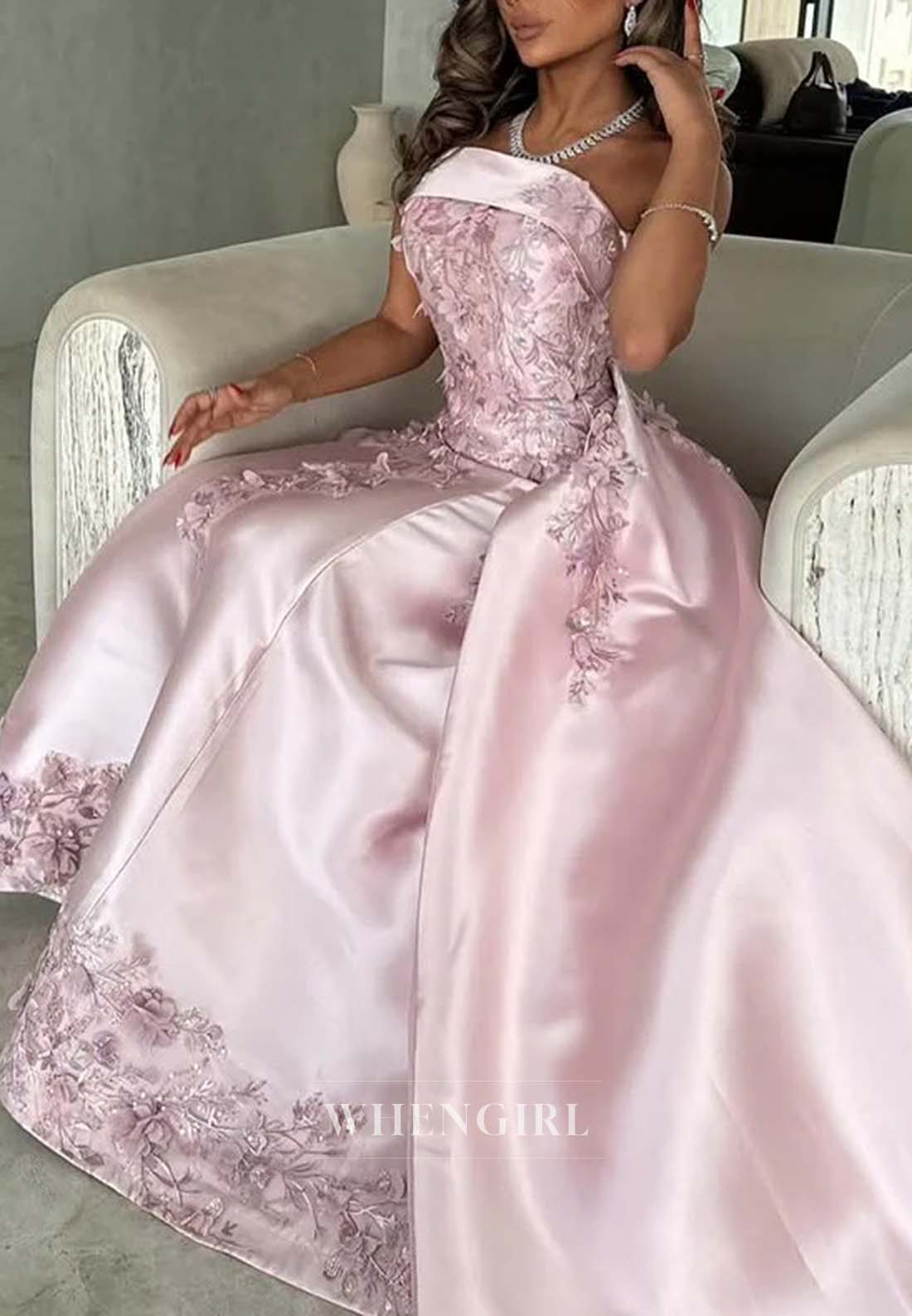 Pale Blush Sleeveless Appliqued Tube Top Formal Dress Floral Sheath Satin Evening Dress with Train