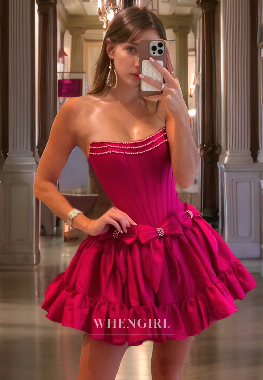A-Line Strapless Sleeveless Beaded Homecoming Dress with Bow Knot