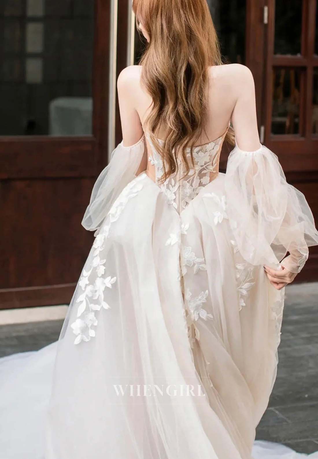 Sweetheart Off Shoulder Appliqued Lace Long Sleeves Tulle A-Line Wedding Dress with Weep Train