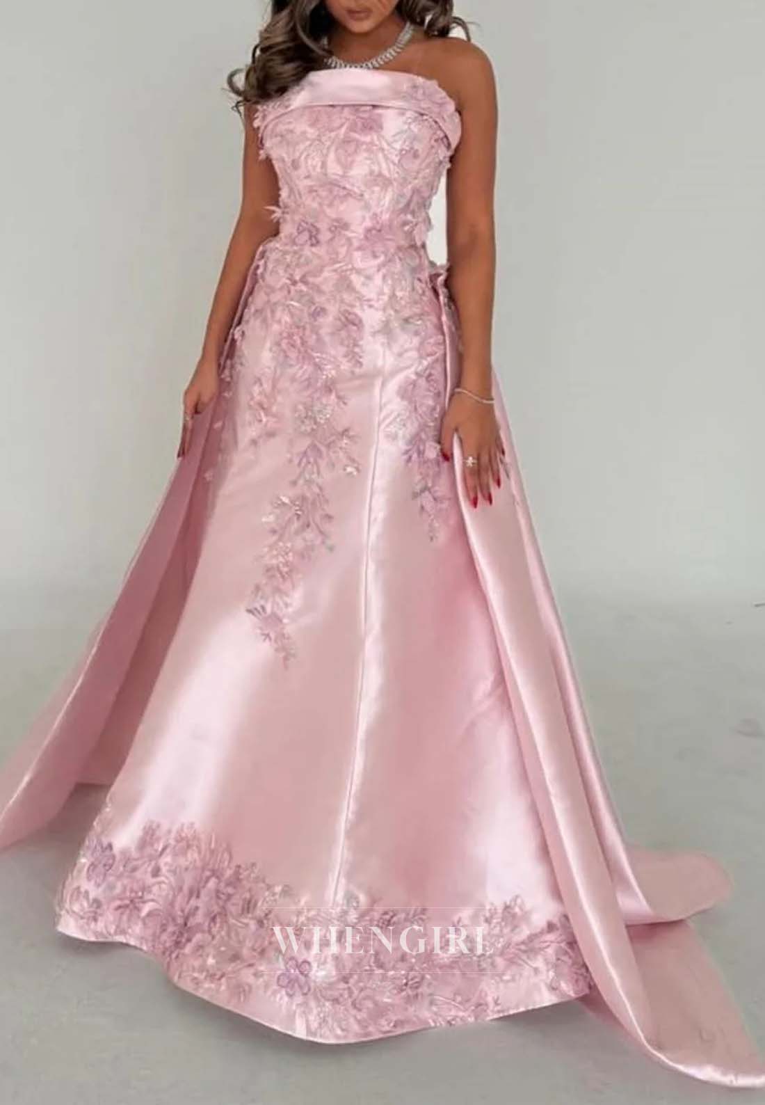 Pale Blush Sleeveless Appliqued Tube Top Formal Dress Floral Sheath Satin Evening Dress with Train