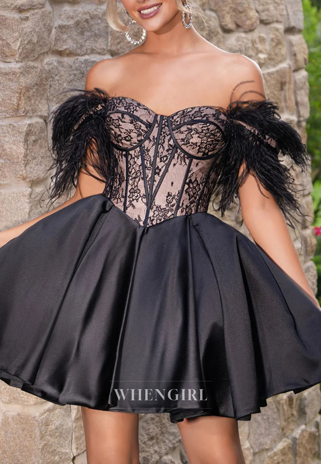 A-Line Off Shoulder Feather Sleeveless Lace Up Short Homecoming Dress