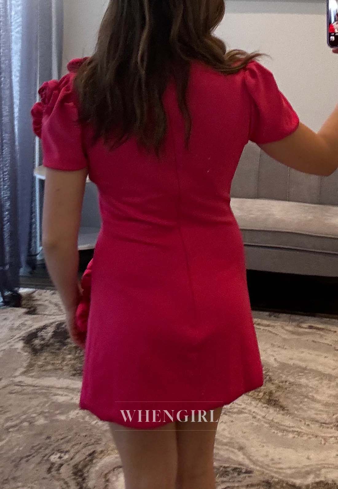 Red Bateau Neck Short Sleeveless 3D Flowers Back Zipper Short Sheath Homecoming Dress